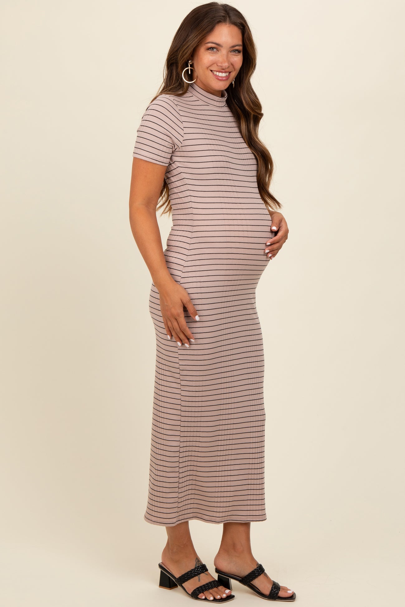 Beige Striped Mock Neck Fitted Maternity Midi Dress