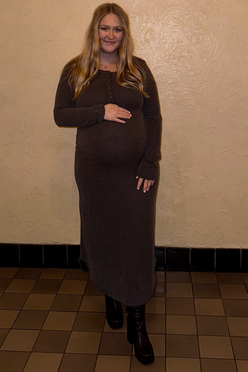 Charcoal Button Up Ribbed Knit Long Sleeve Maternity Midi Dress
