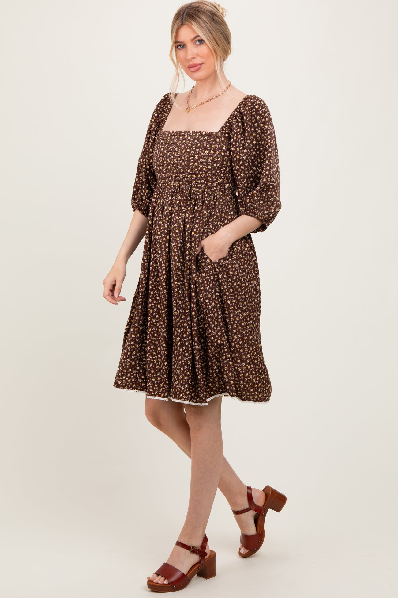 Mocha Floral Pleated Bodice Lace Trim Midi Dress