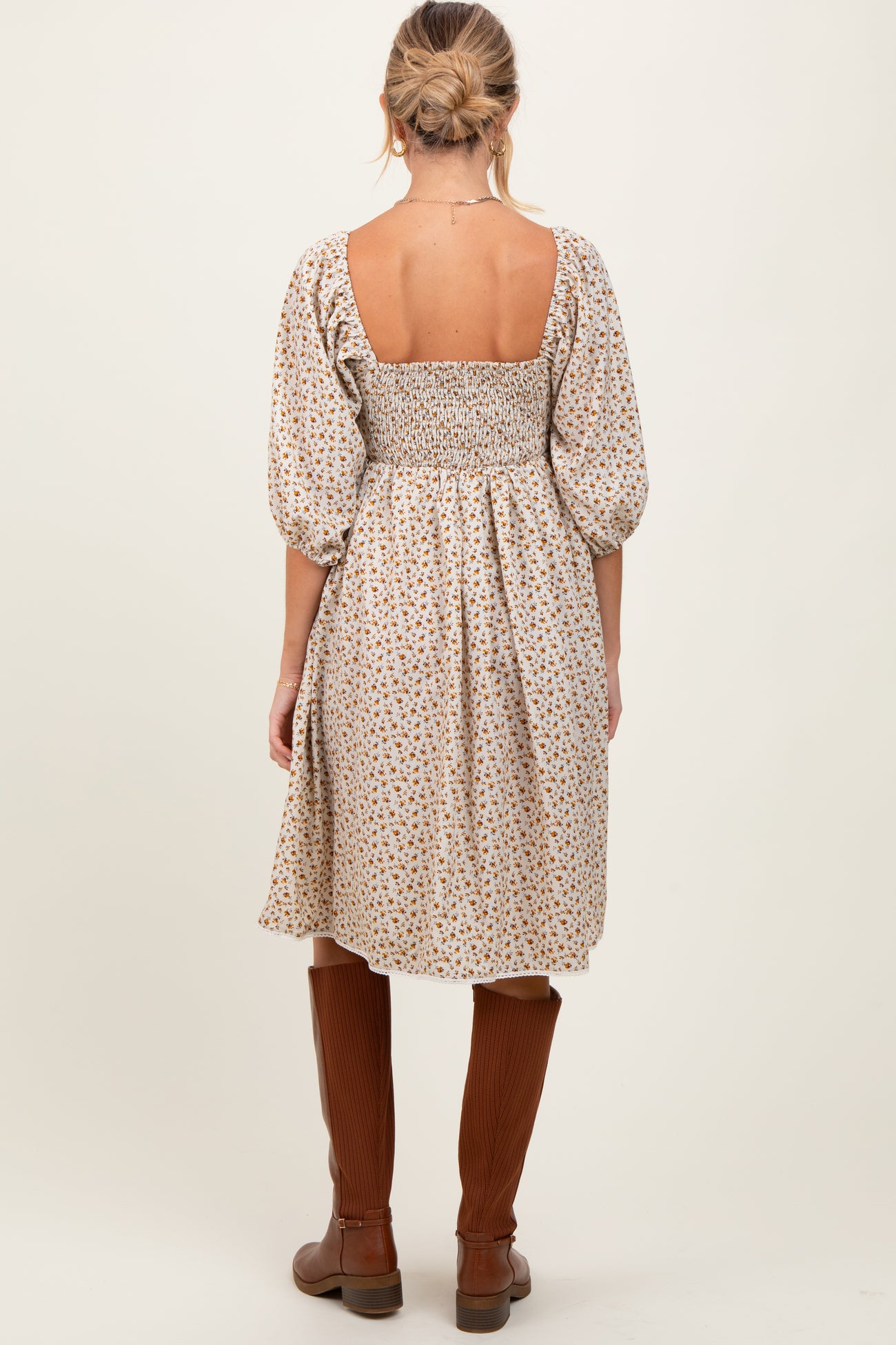 Cream Floral Pleated Bodice Lace Trim Maternity Midi Dress