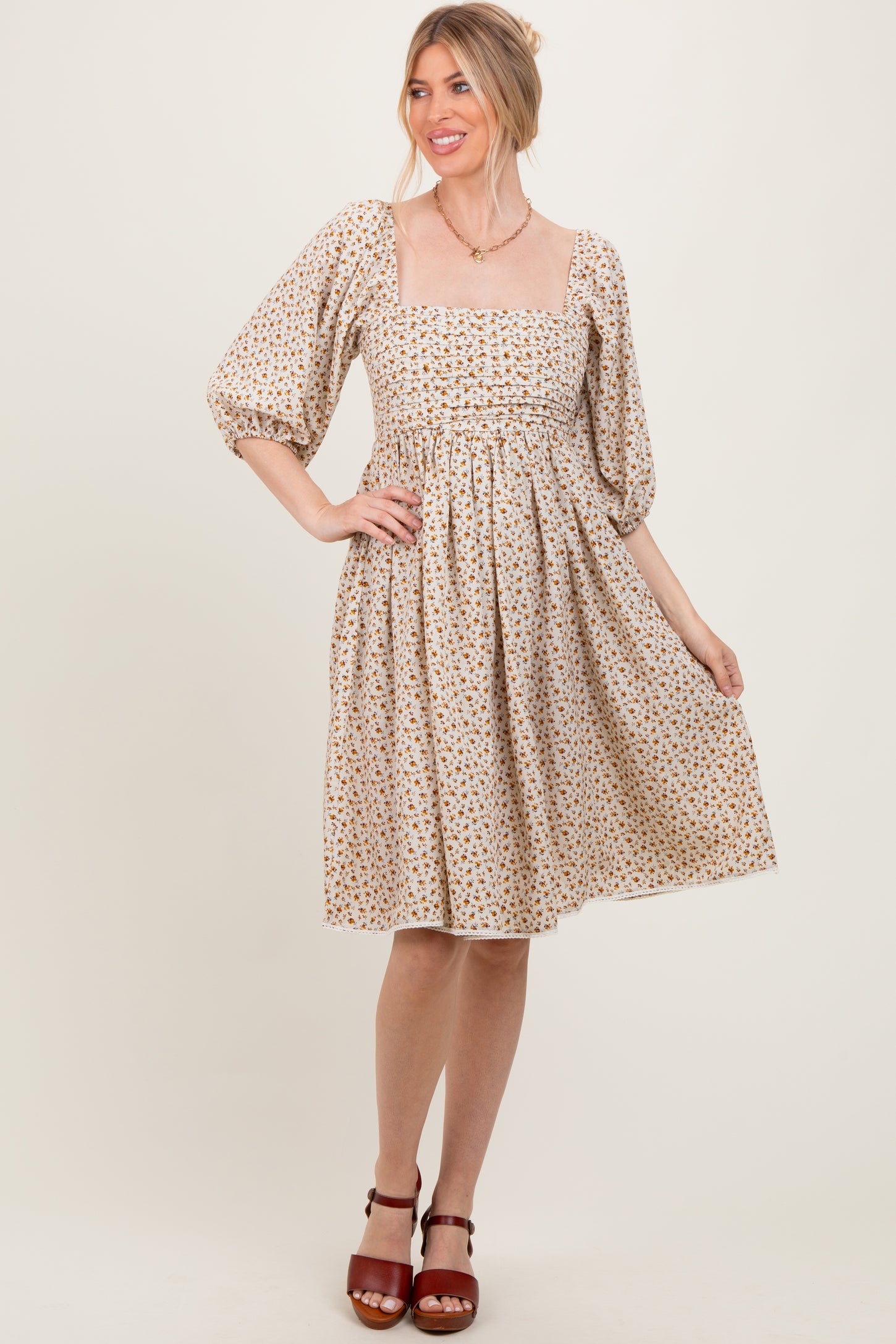 Cream Floral Pleated Bodice Lace Trim Midi Dress