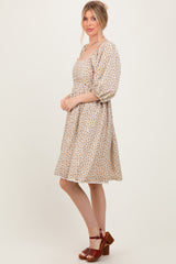 Cream Floral Pleated Bodice Lace Trim Midi Dress
