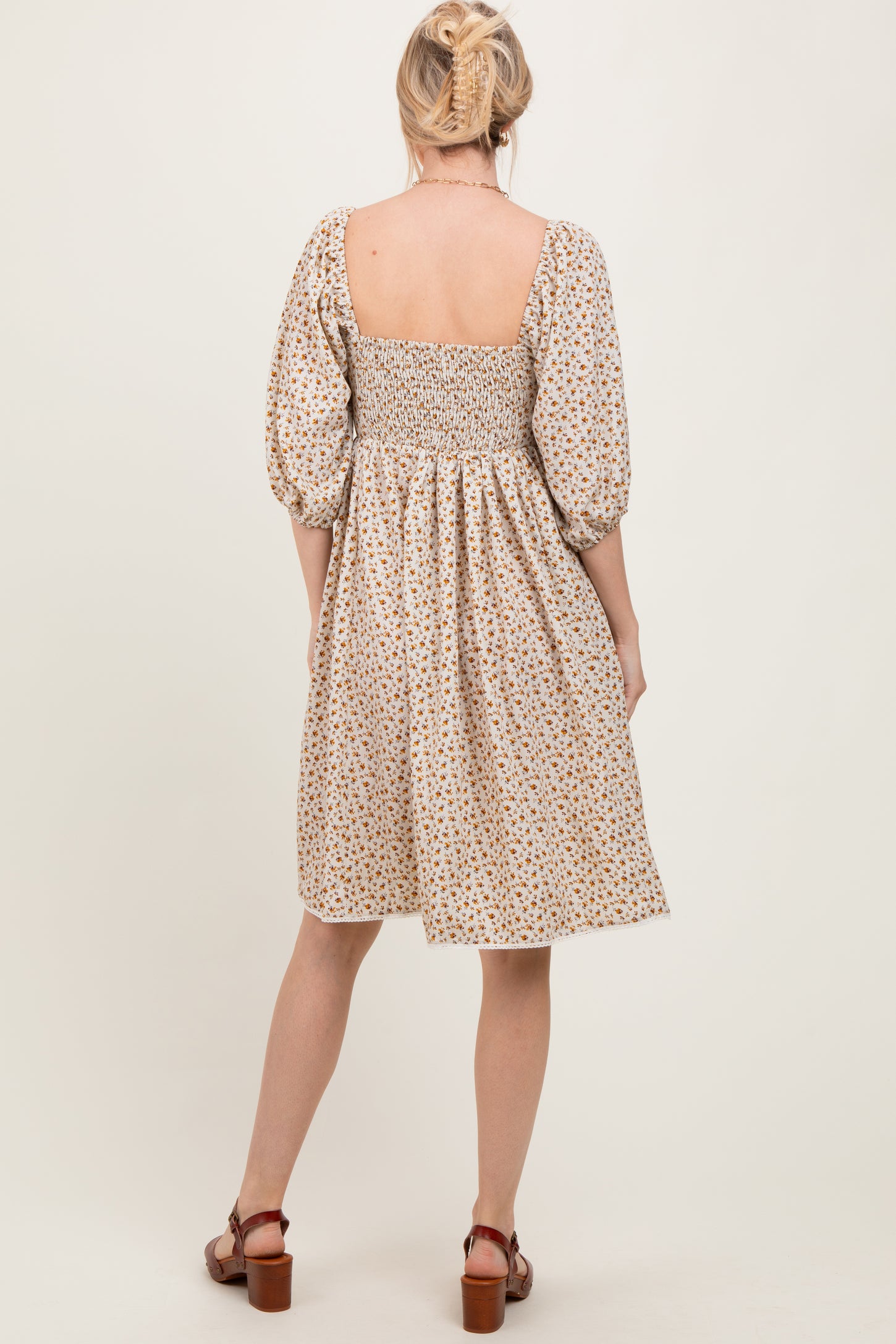 Cream Floral Pleated Bodice Lace Trim Midi Dress