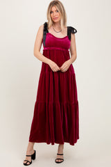 Burgundy Velvet Smocked Satin Shoulder Tie Maternity Maxi Dress