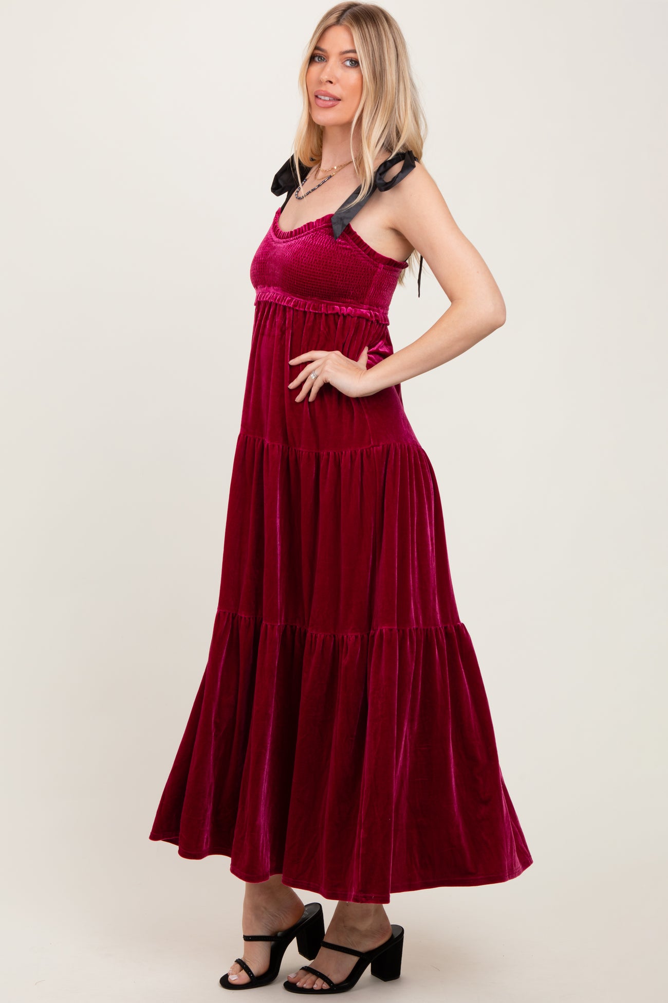 Burgundy Velvet Smocked Satin Shoulder Tie Maxi Dress