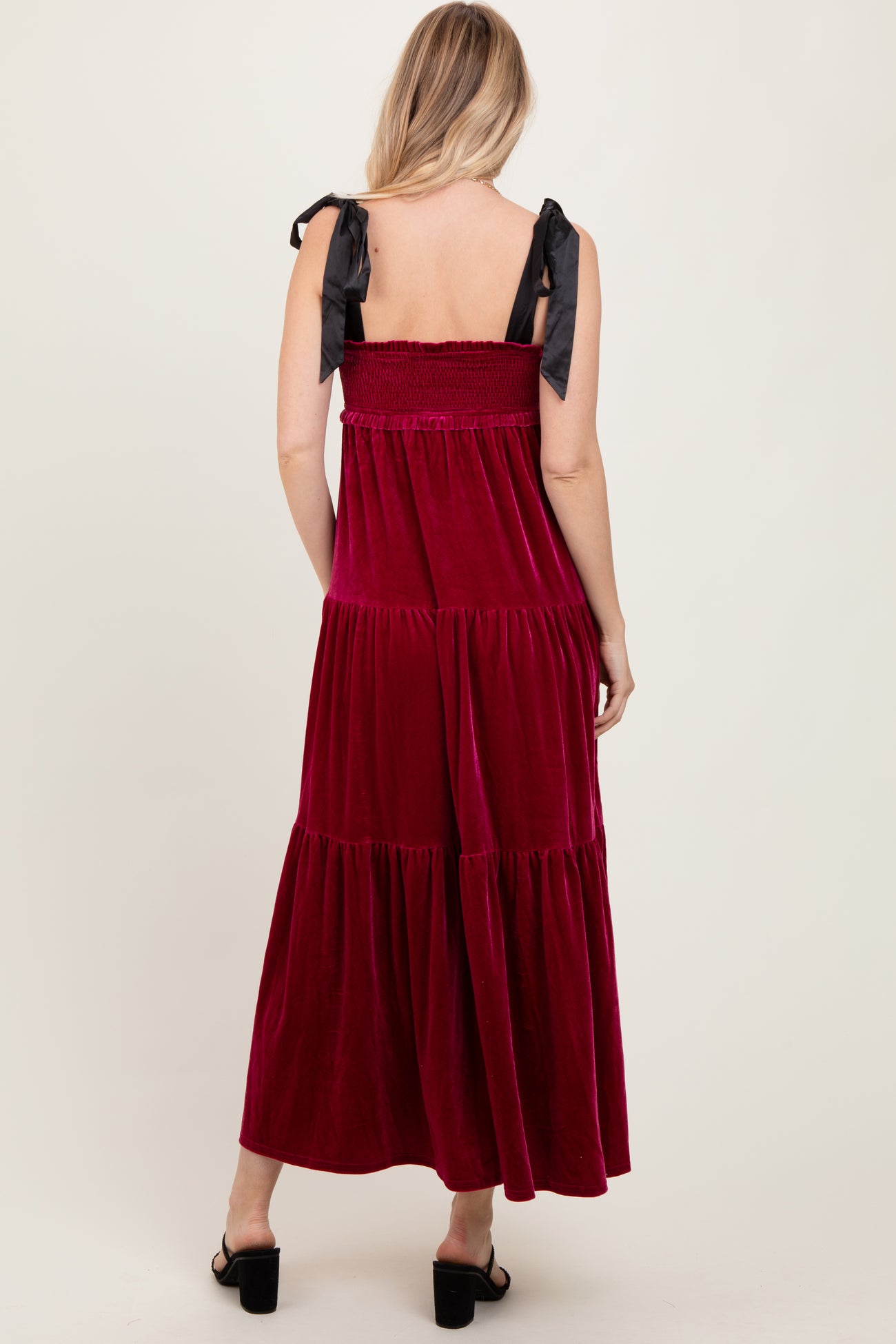 Burgundy Velvet Smocked Satin Shoulder Tie Maxi Dress