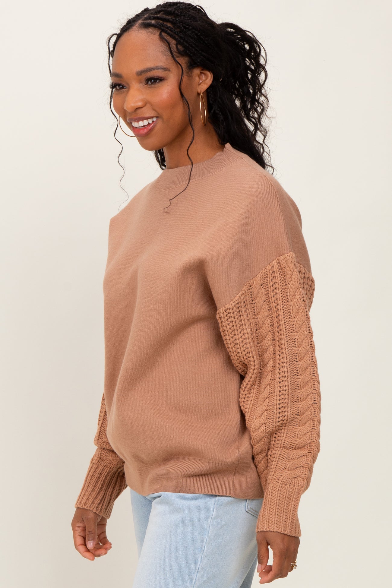 Camel Contrast Knit Sleeve Sweater