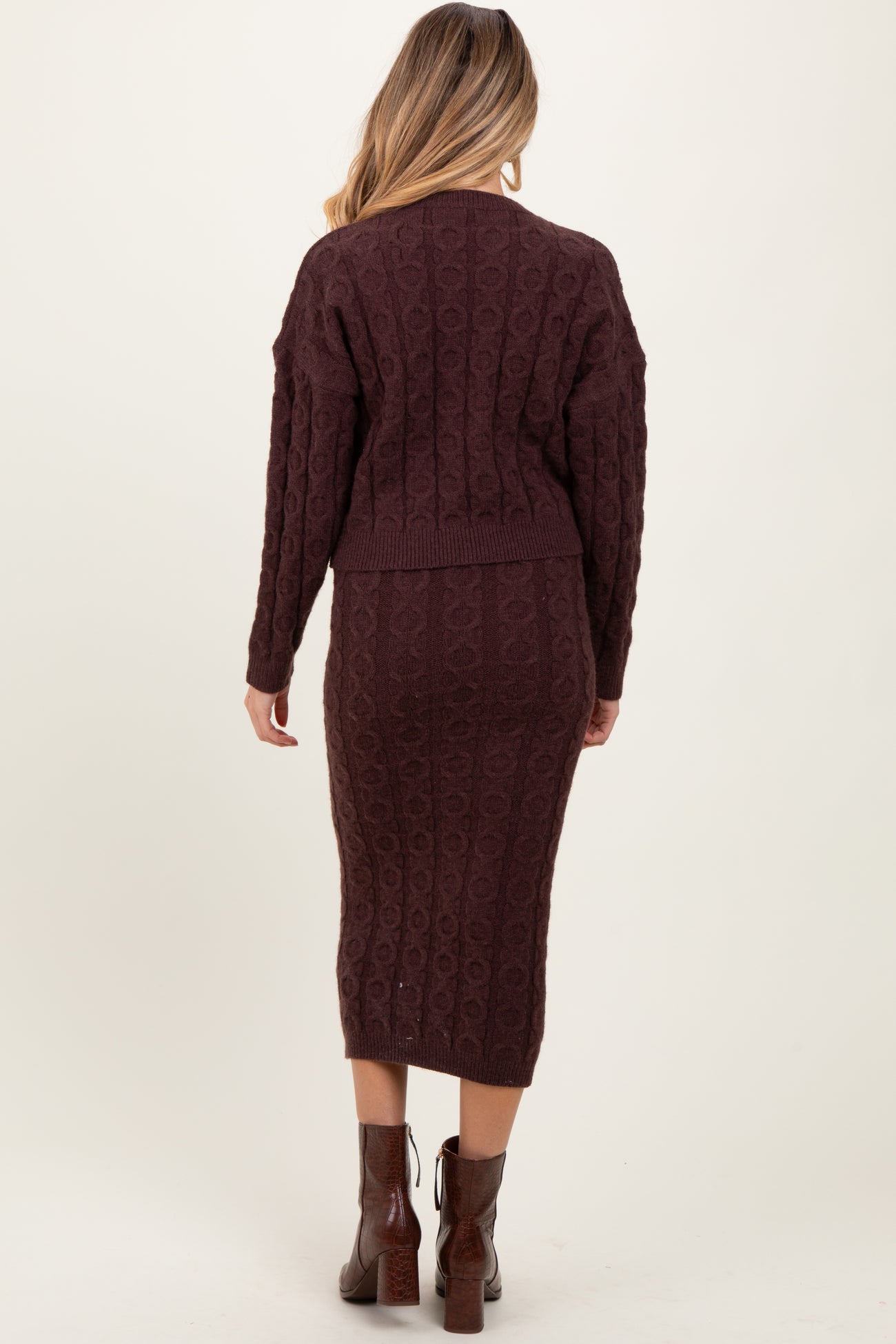 Brown Cable Knit Cropped Sweater Midi Skirt Maternity Set