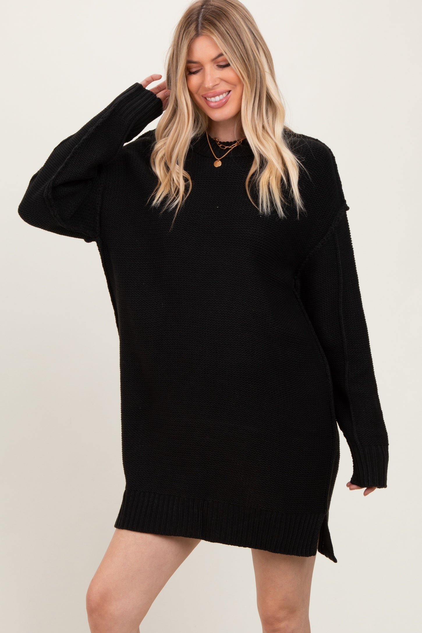 Black Exposed Seam Oversized Maternity Sweater Dress