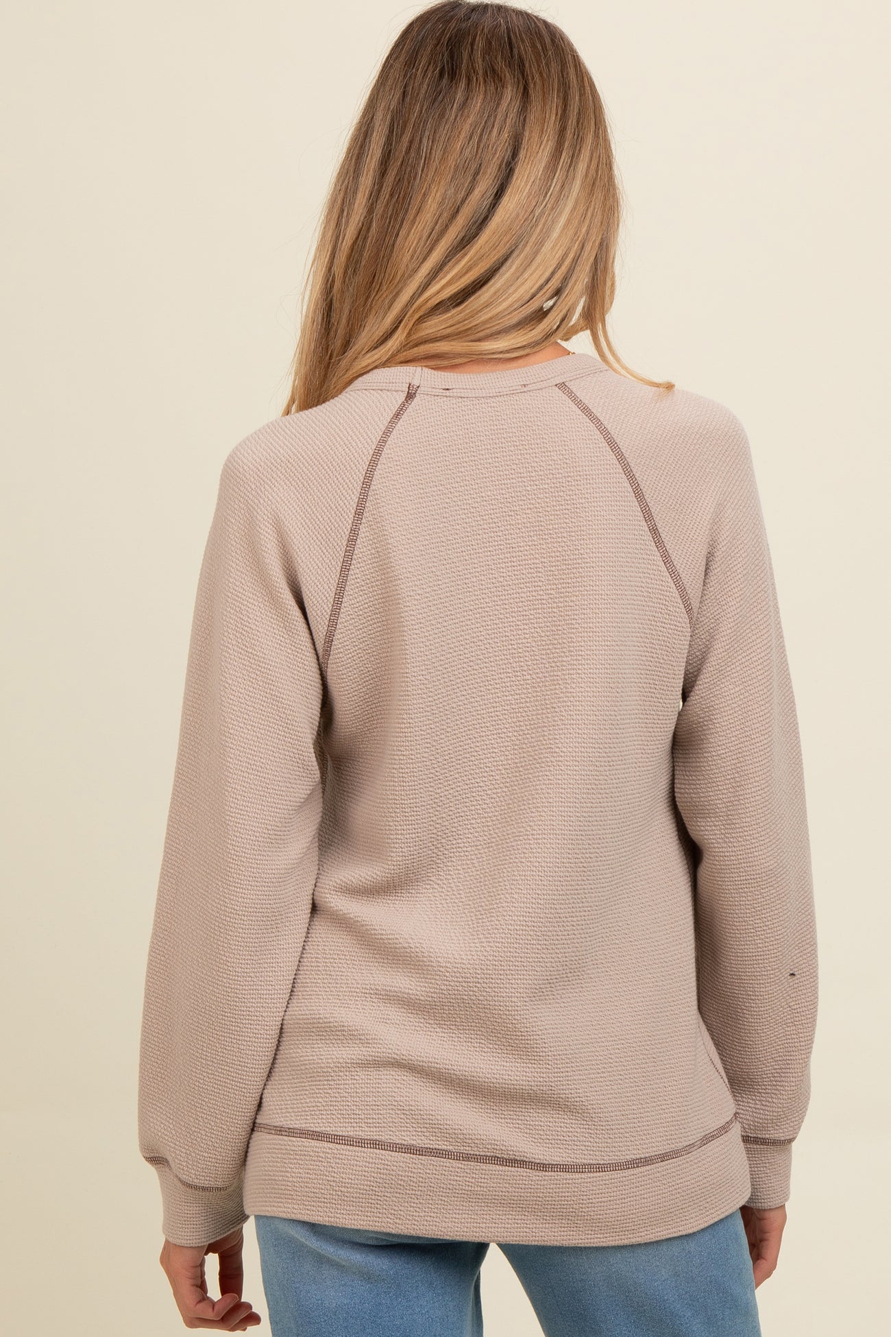Light Taupe Crewneck Waffle Knit Maternity Pullover Top