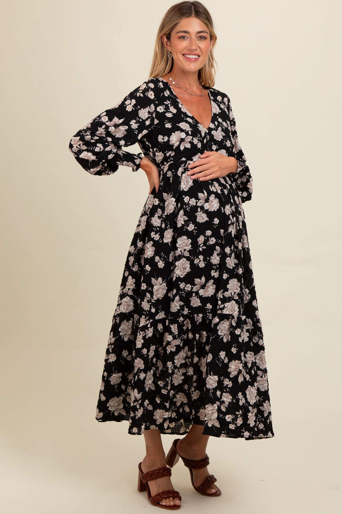 Black Floral Textured Bubble Sleeve Maternity Maxi Dress
