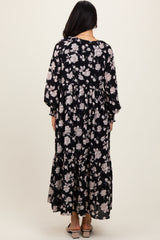 Black Floral Textured Bubble Sleeve Maxi Dress