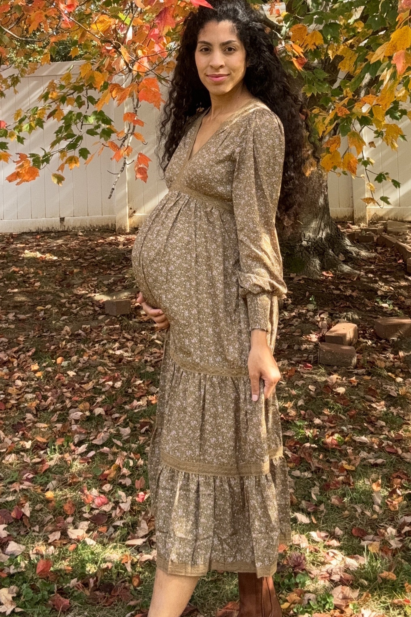 Mocha Floral Lace Trim Bubble Sleeve Maternity Maxi Dress