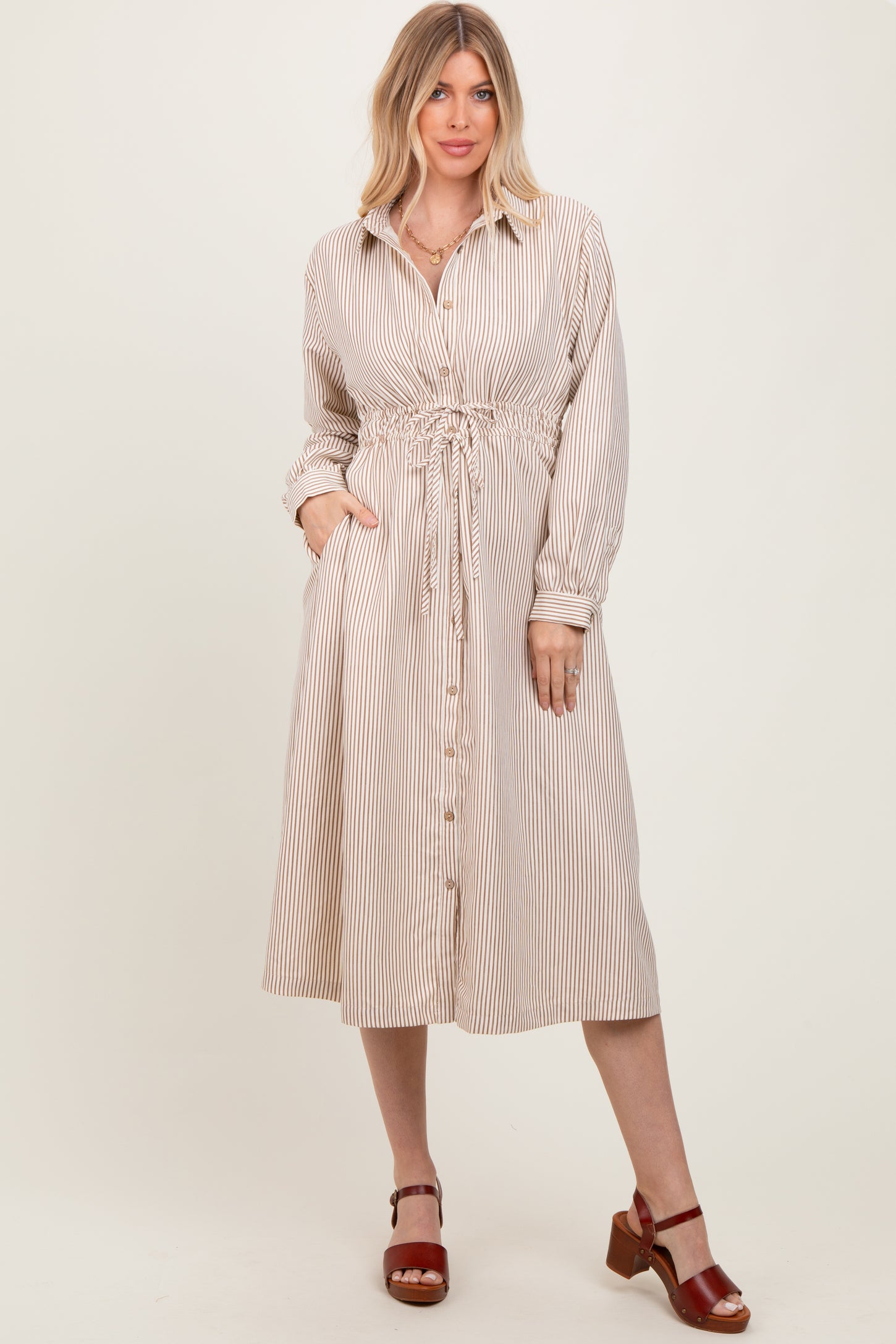 Mocha Striped Sash Tie Midi Shirt Dress