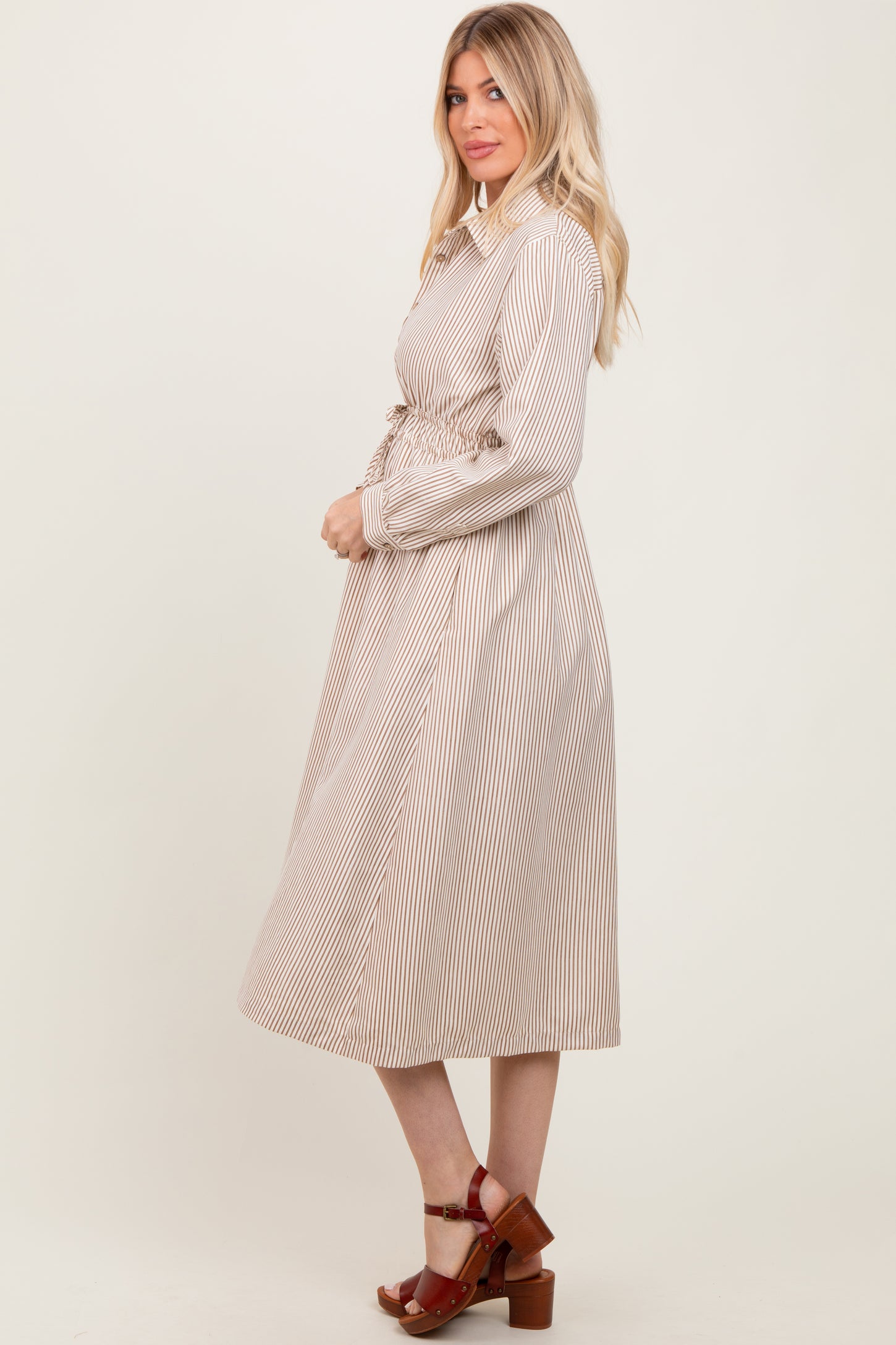 Mocha Striped Sash Tie Midi Shirt Dress