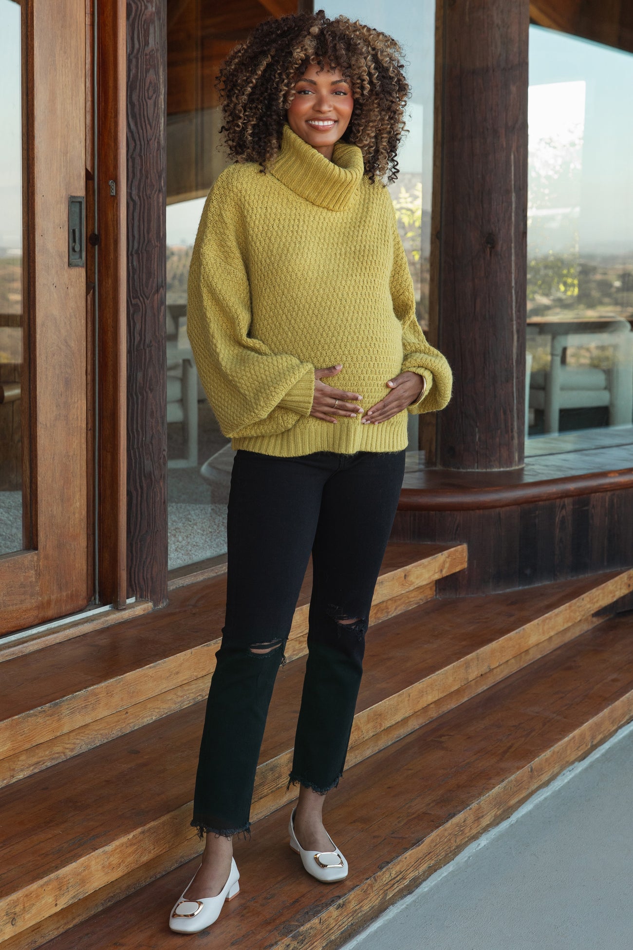 Yellow Chunky Knit Turtleneck Maternity Sweater
