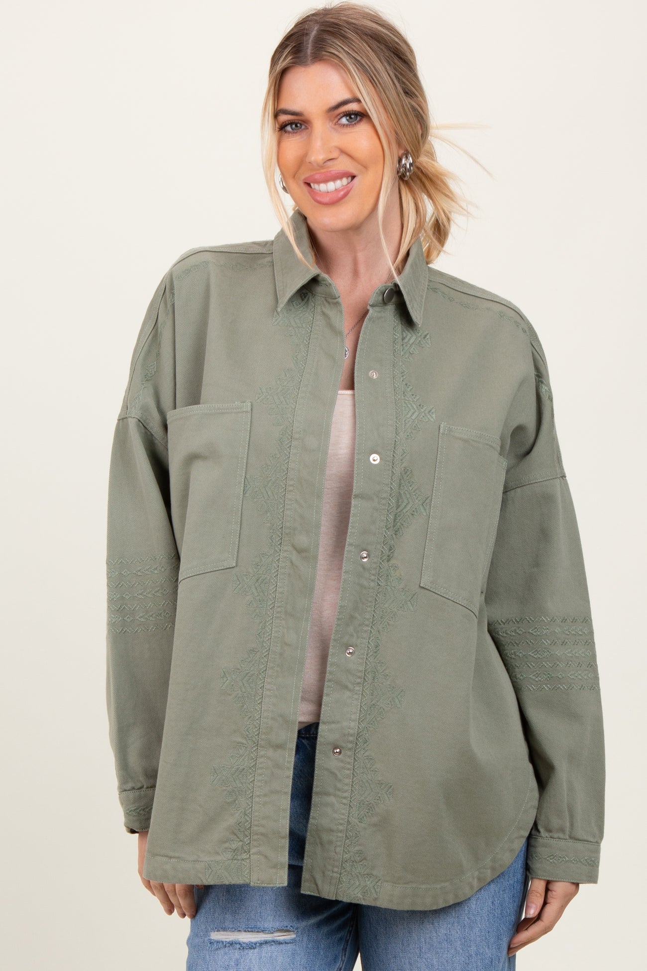 Light Olive Embroidered Snap Button Shirt Jacket
