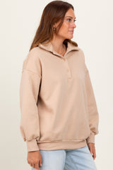 Beige Oversized Long Sleeve Polo Pullover