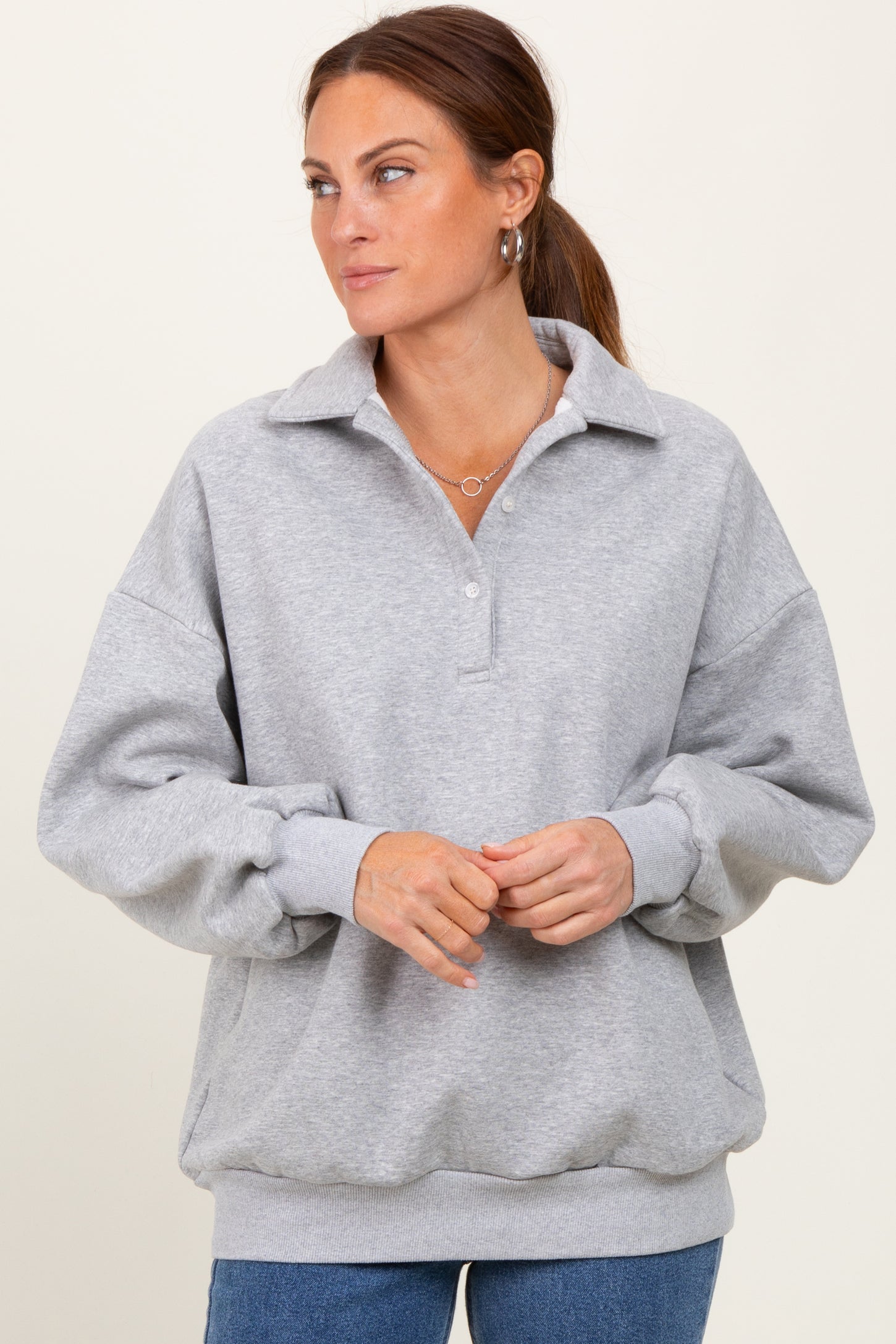 Heather Grey Oversized Long Sleeve Polo Pullover