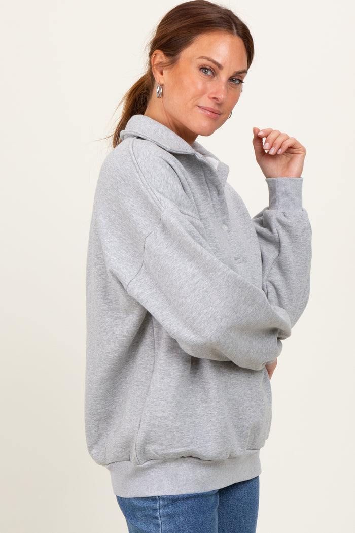 Heather Grey Oversized Long Sleeve Polo Pullover