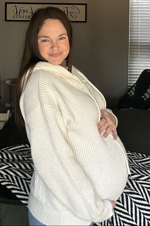 Cream Ribbed Knit Button Front Hooded Maternity Sweater