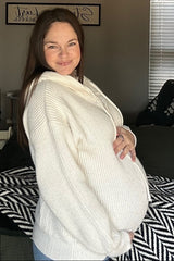 Cream Ribbed Knit Button Front Hooded Maternity Sweater