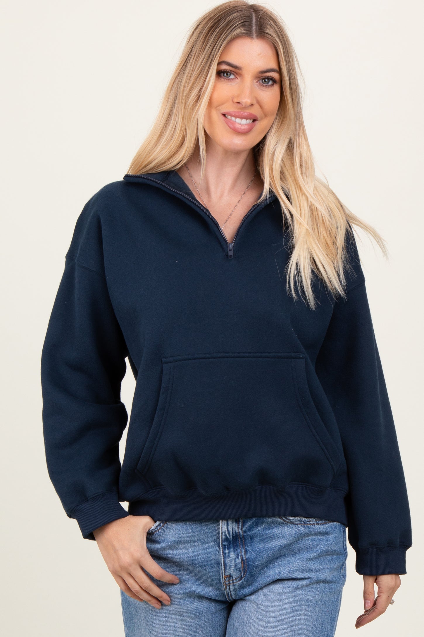 Navy Fleece Oversized Half Zip Maternity Pullover