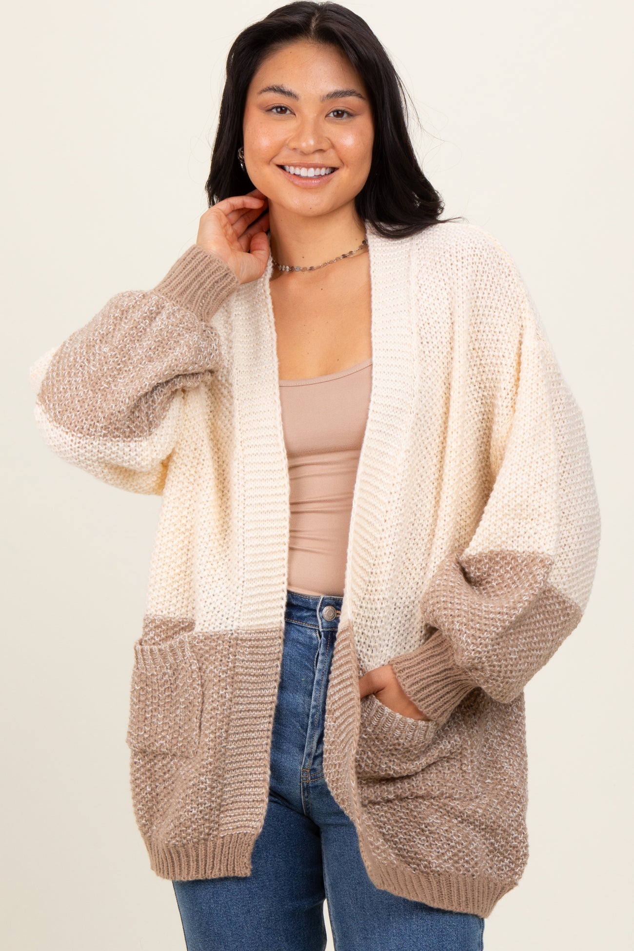 Cream Colorblock Bubble Sleeve Knit Cardigan