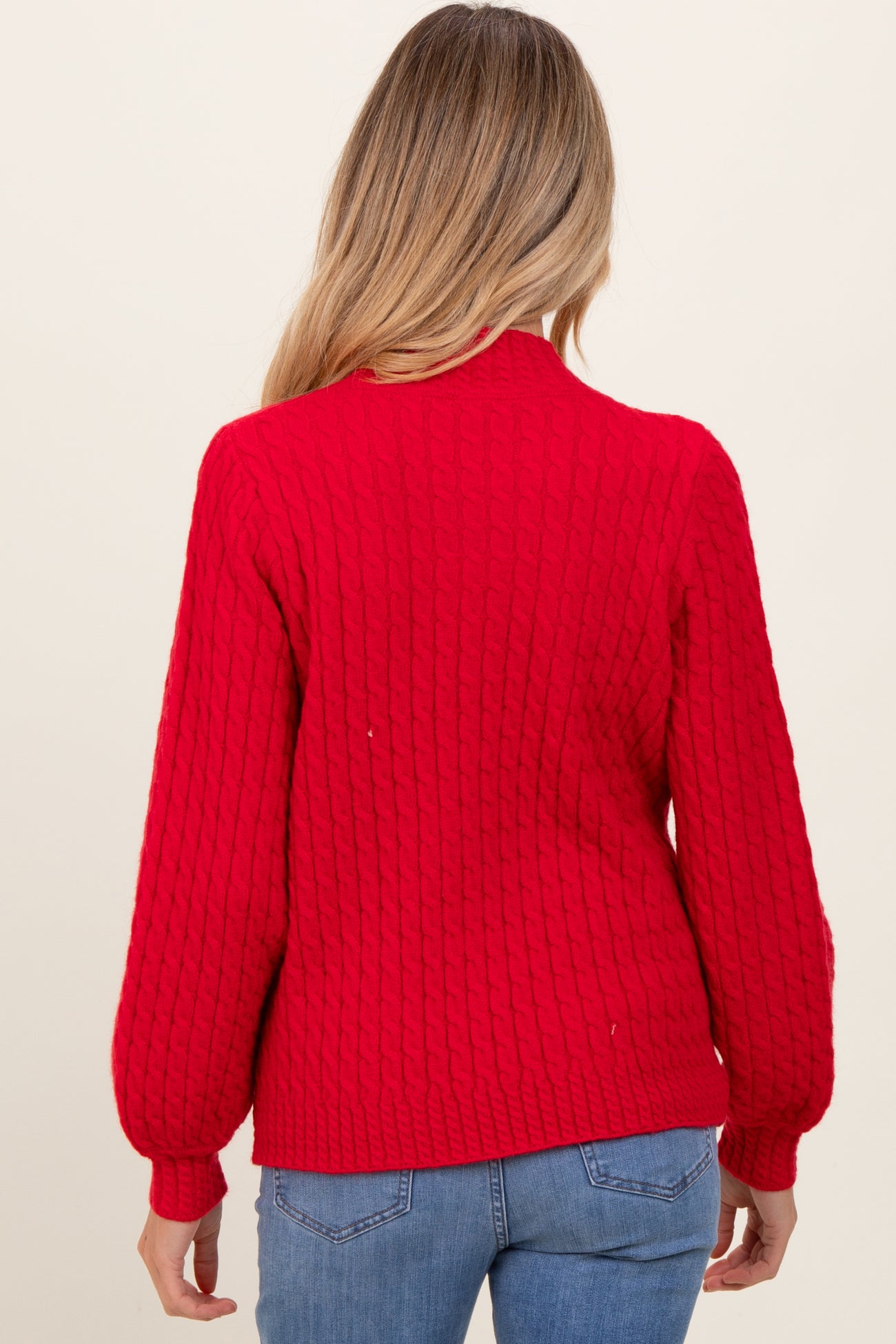 Red Cable Knit Mock Neck Bubble Sleeve Maternity Sweater