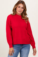 Red Cable Knit Mock Neck Bubble Sleeve Sweater