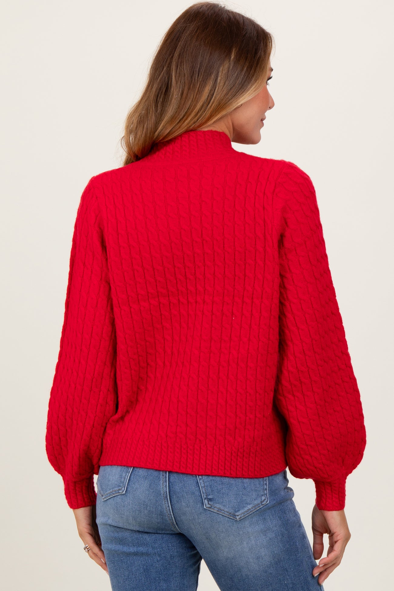 Red Cable Knit Mock Neck Bubble Sleeve Sweater