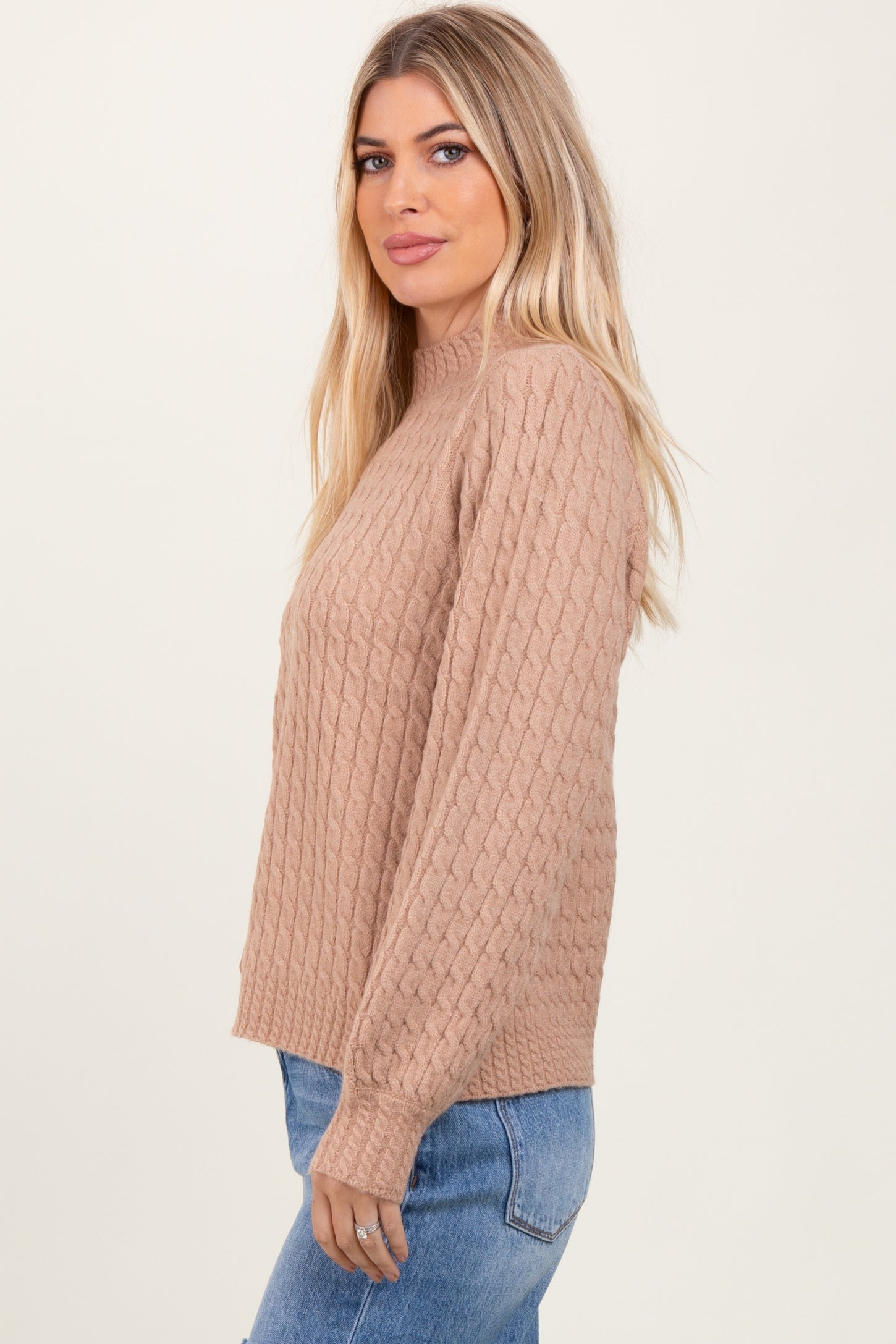 Mocha Cable Knit Mock Neck Bubble Sleeve Sweater