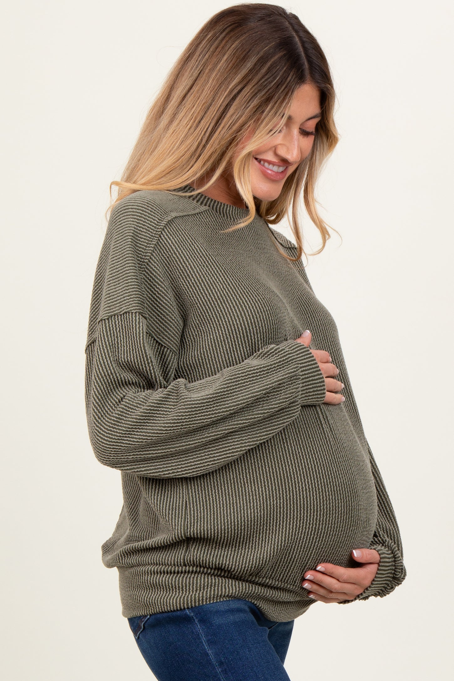 Olive Black Oversized Ribbed Long Sleeve Maternity Sweatshirt