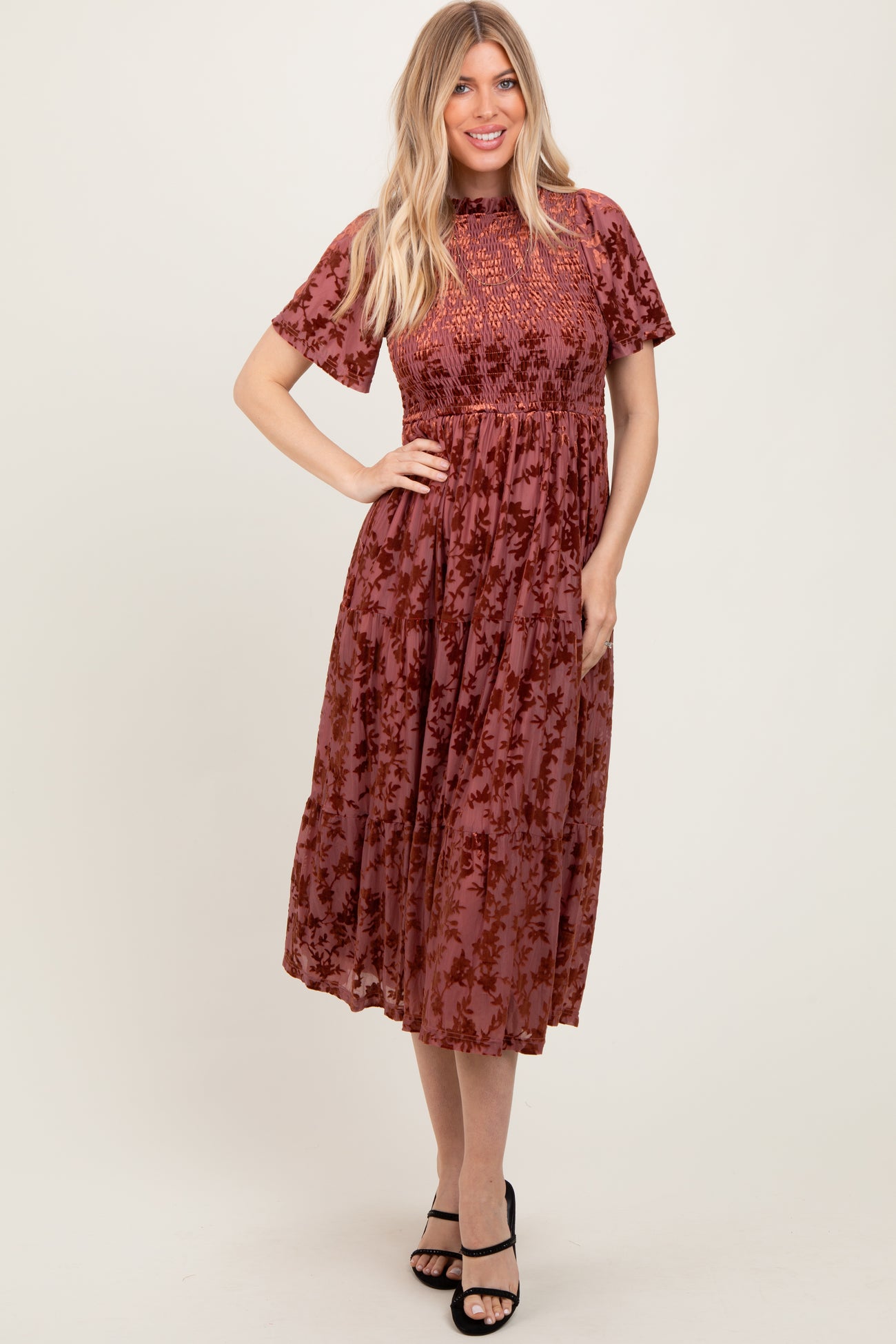 Mauve Floral Velvet Print Smocked Midi Dress
