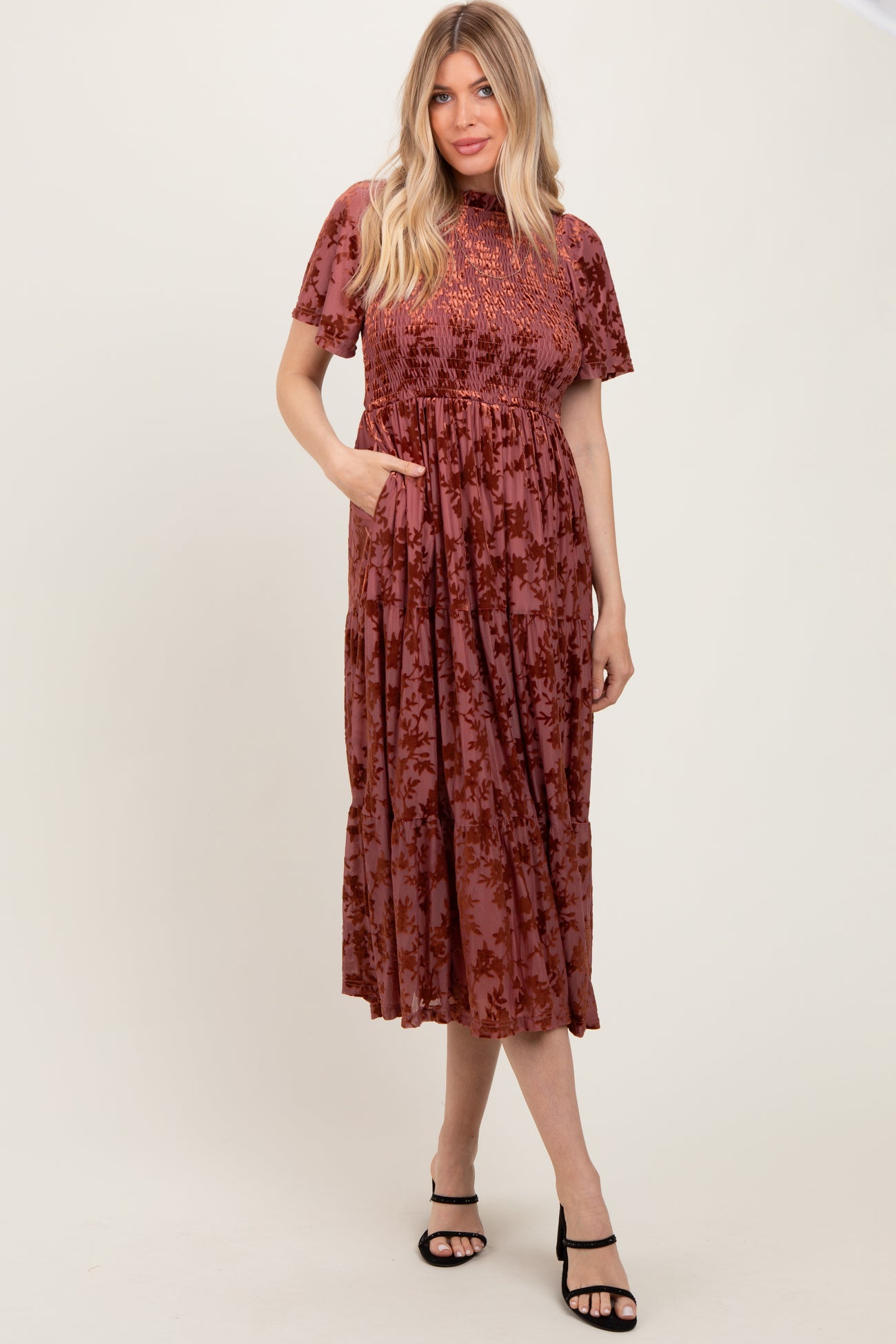 Mauve Floral Velvet Print Smocked Midi Dress