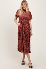 Mauve Floral Velvet Print Smocked Midi Dress