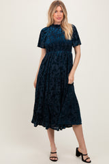 Navy Floral Velvet Print Smocked Midi Dress