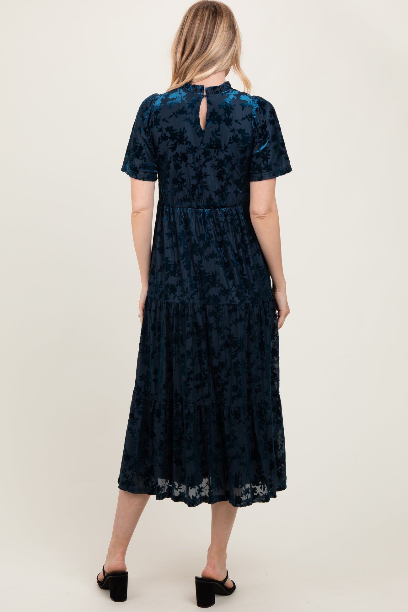 Navy Floral Velvet Print Smocked Midi Dress