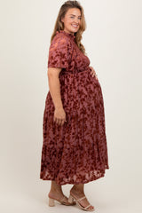Mauve Floral Velvet Print Smocked Maternity Plus Midi Dress