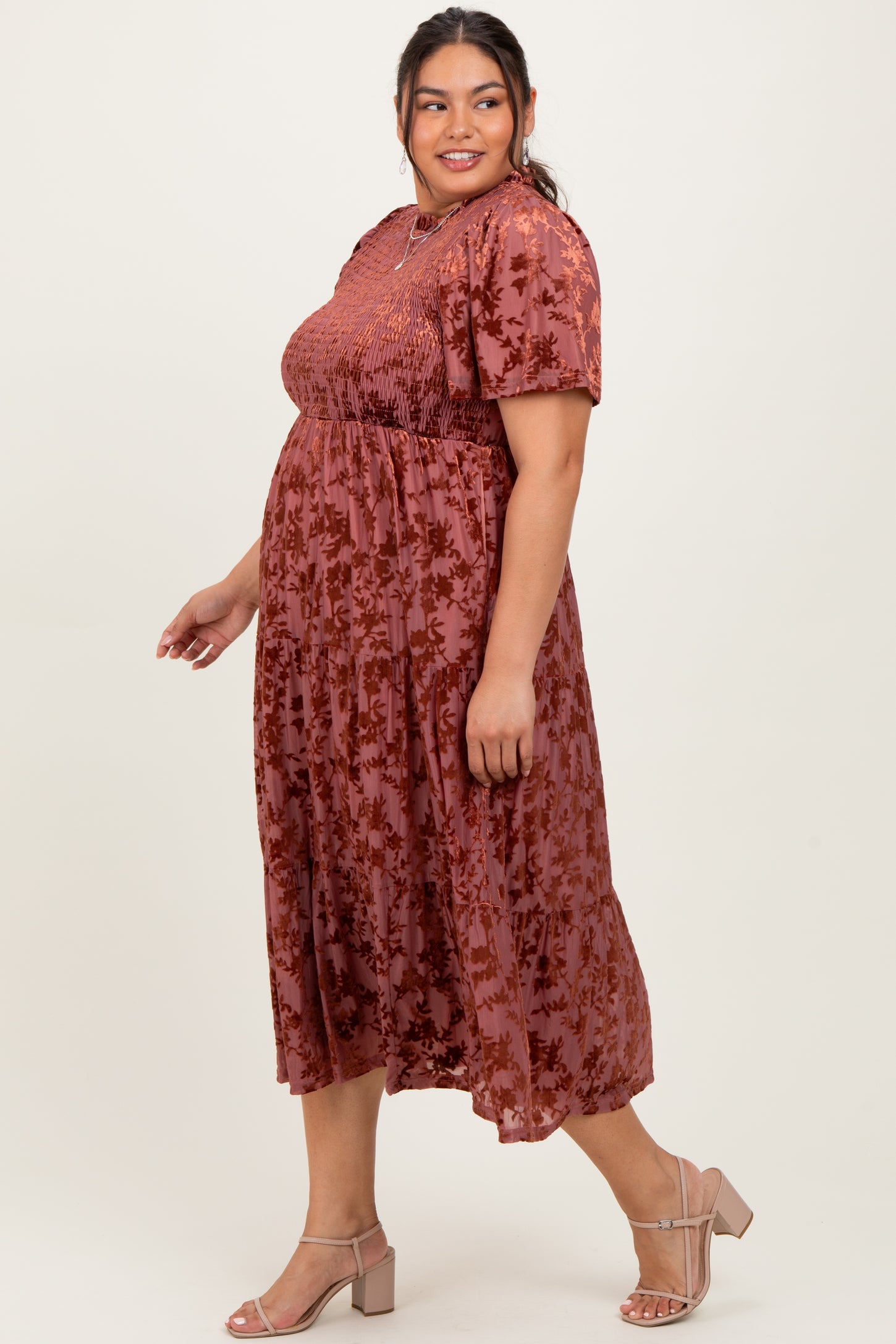 Mauve Floral Velvet Print Smocked Plus Midi Dress