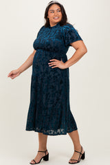 Navy Floral Velvet Print Smocked Plus Midi Dress