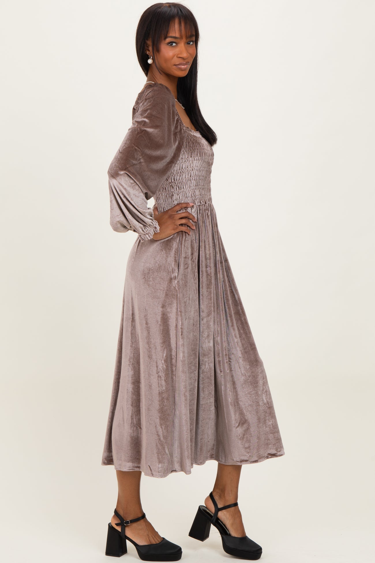 Taupe Velvet Smocked Long Sleeve Maxi Dress