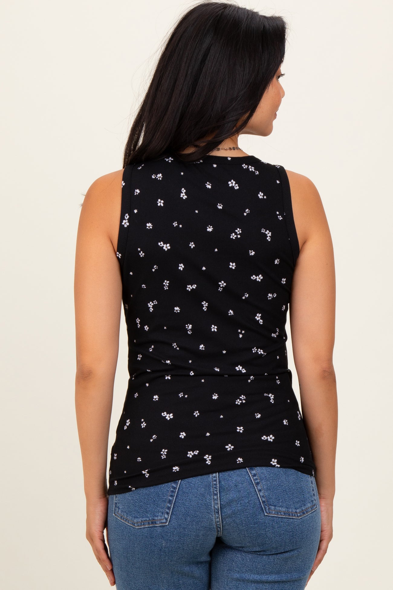 Black Floral Print Ribbed Henley Sleeveless Top