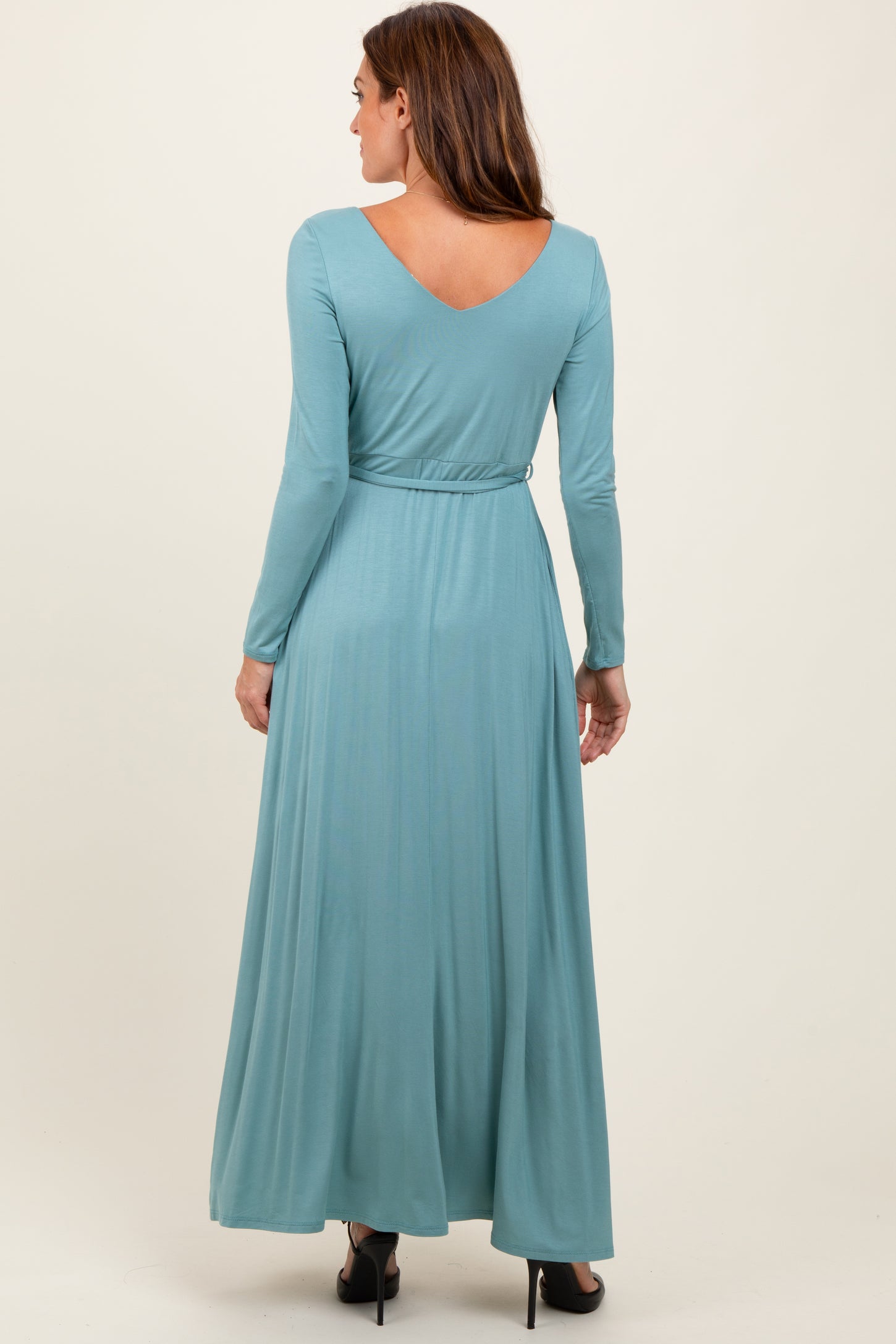 Light Olive V-Neck Long Sleeve Sash Tie Maxi Dress