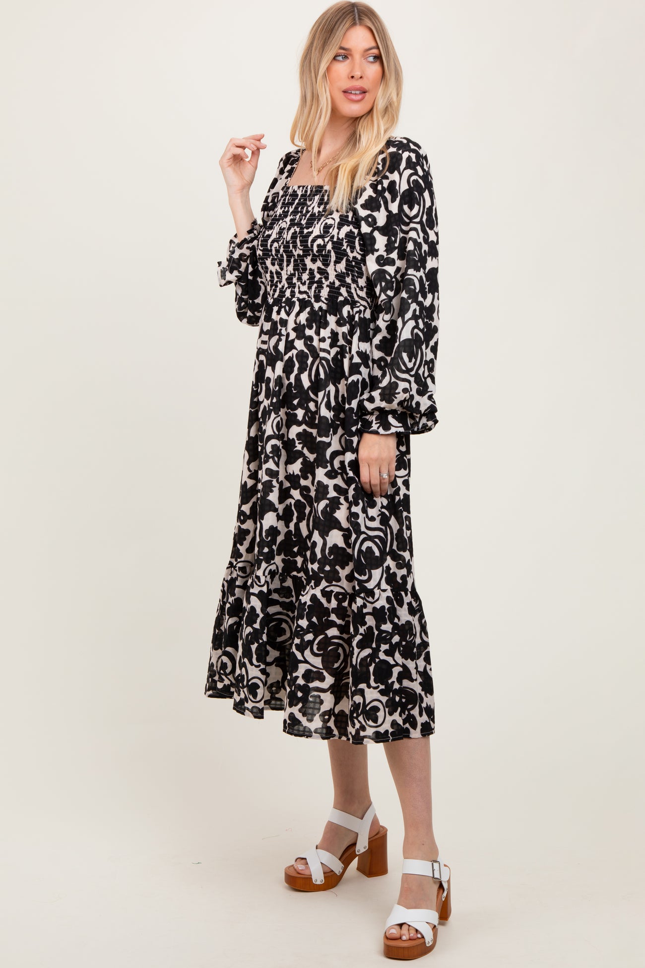 Black Floral Damask Print Smocked Midi Dress