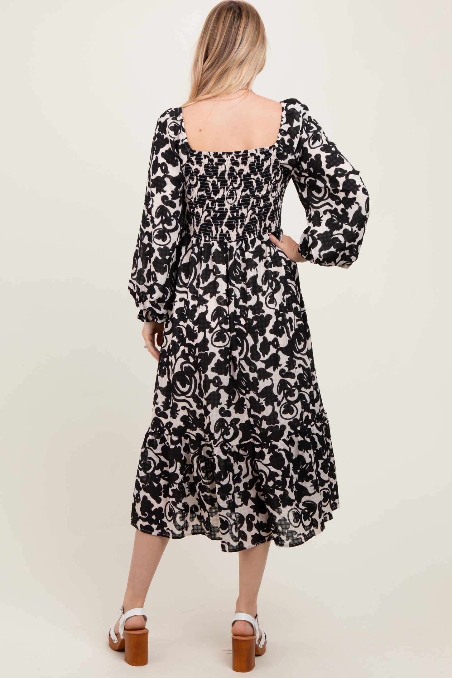 Black Floral Damask Print Smocked Midi Dress