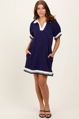 Navy Knit Contrast Trim Collared Maternity Mini Dress