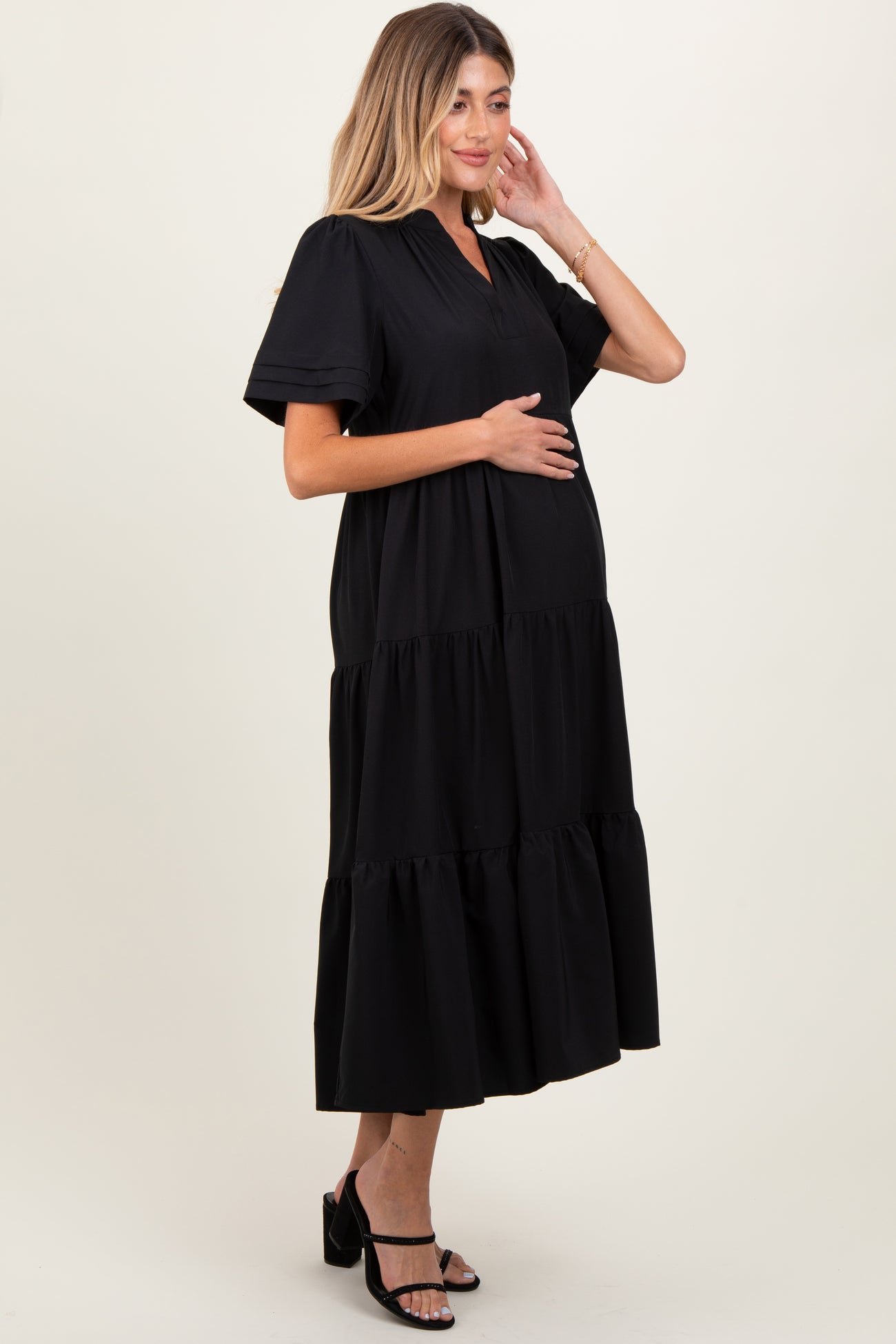 Black V-Neck Tiered Maternity Midi Dress