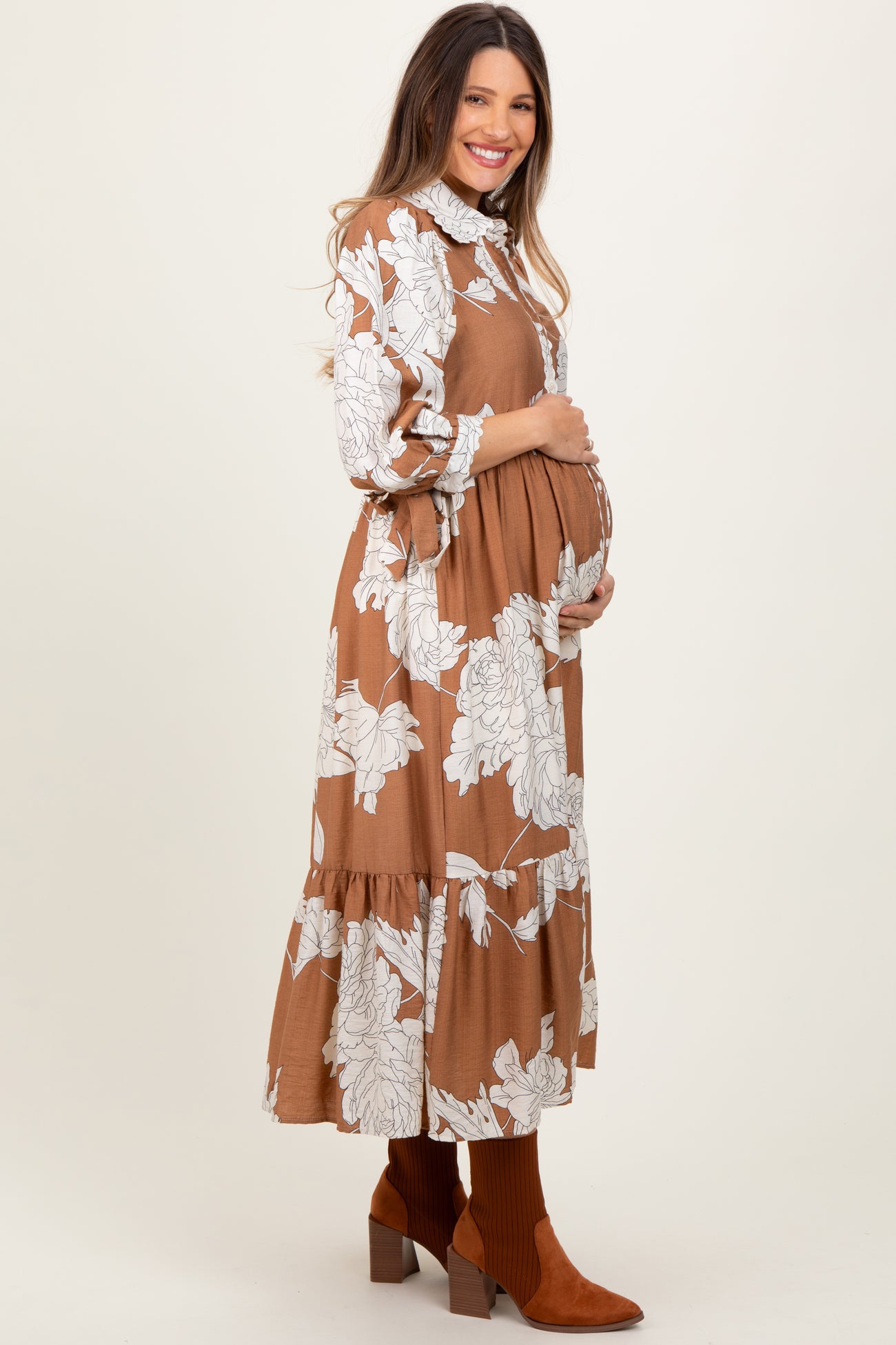 Camel Floral Print Cinched Tie Waist Maternity Shirt Dress