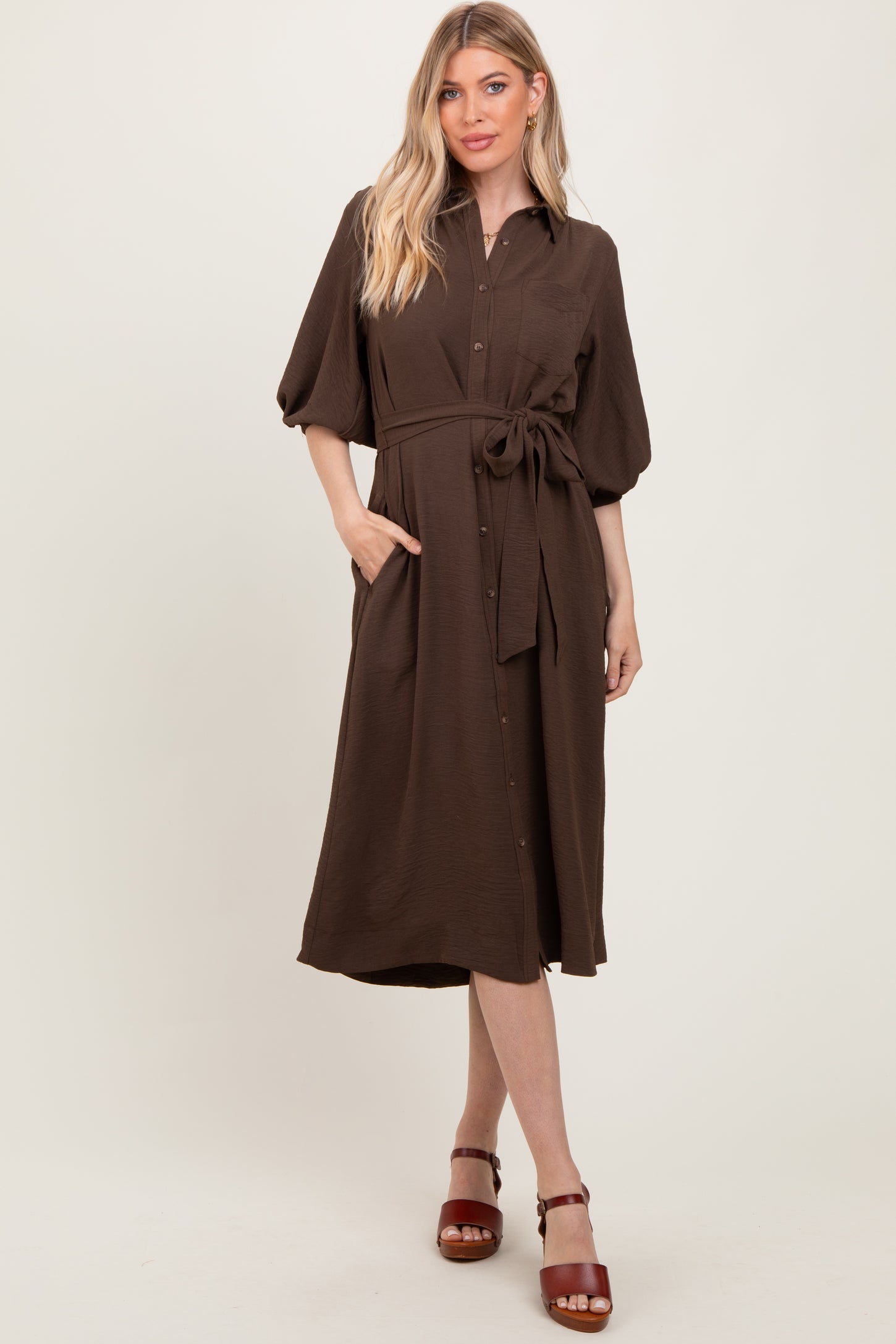 Brown Sash Tie Midi Shirt Dress